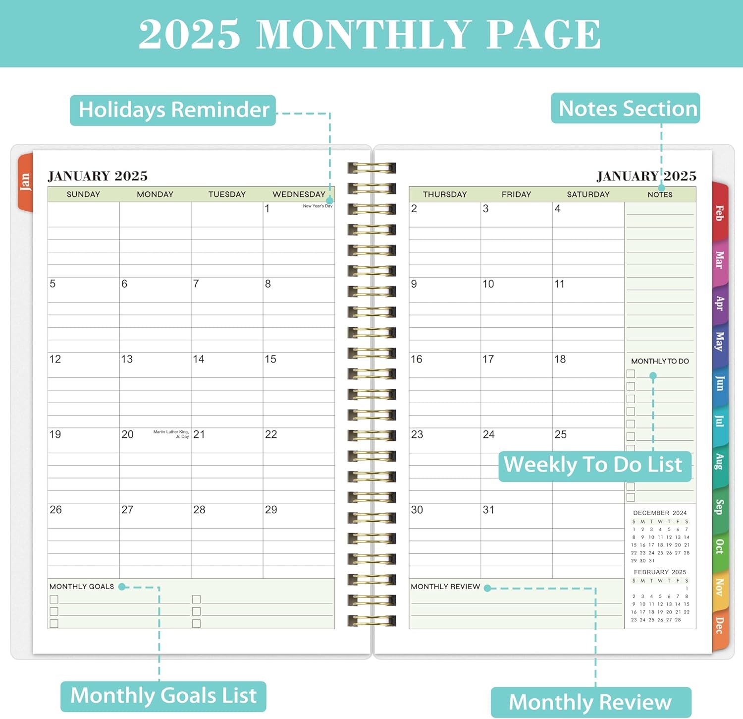 2025 Planner - 2025 Planner Daily Weekly Monthly, Jan 2025 to Dec 2025, 6.4'' X 8.5'', Calendar 2025 Planner with Transparent PP Cover, Green Ink Pages, Colorful Monthly Tabs, Back Pocket