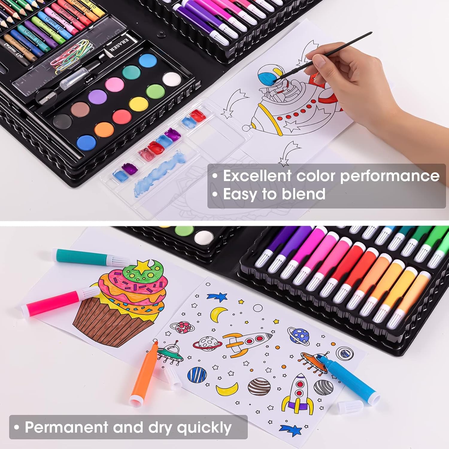 Art Set,  Art Supplies Drawing Painting Kit Includes Oil Pastels, Crayons, Colored Pencils, Watercolor Cakes, Gifts for Kids Girls Boys Teens (Black)