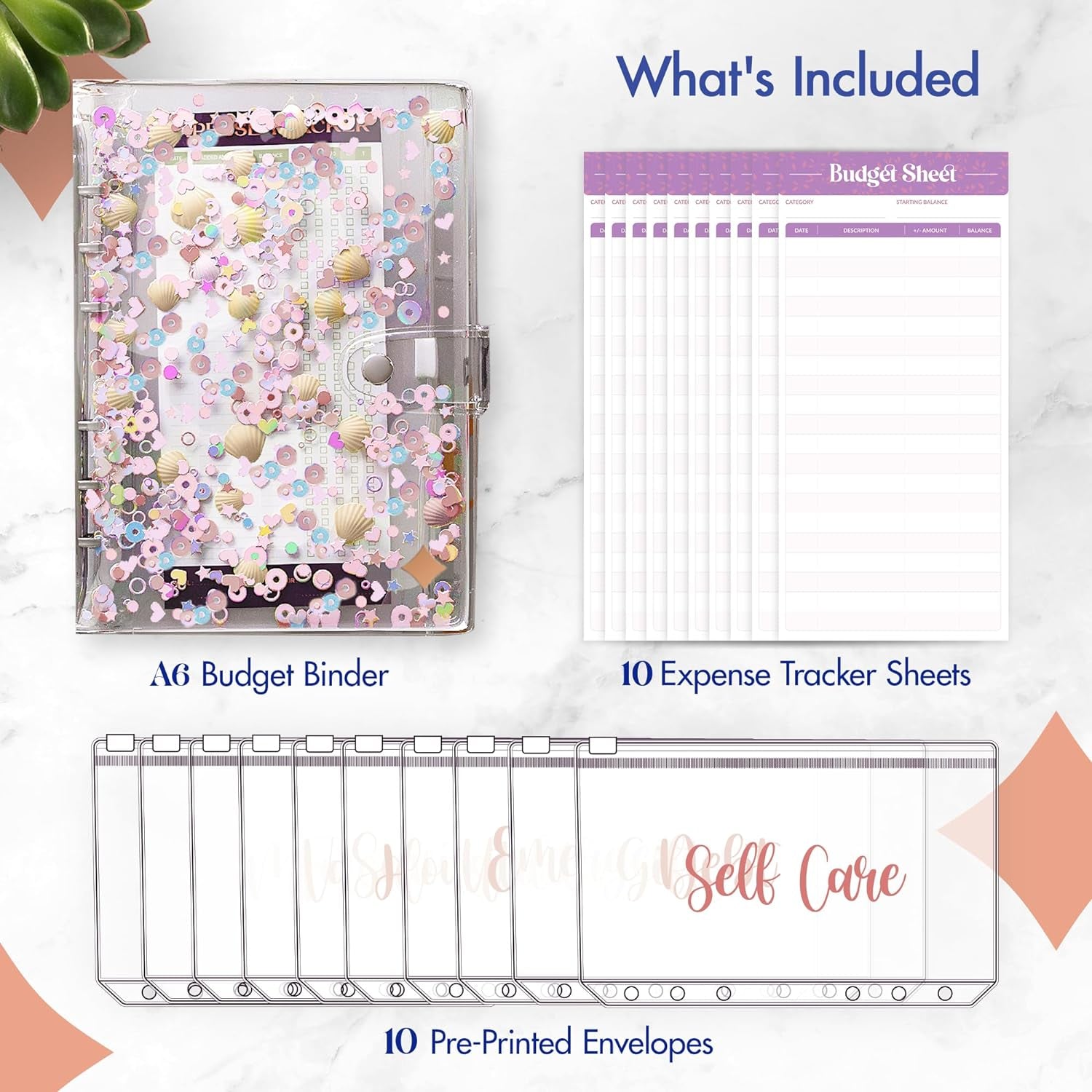 Budget Binder with Zipper Envelopes - Glitter Money Organizer for Cash, A6 Binder Cash Envelopes for Budgeting, Money Saving Binder with Rose Gold Pre-Printed Stickers