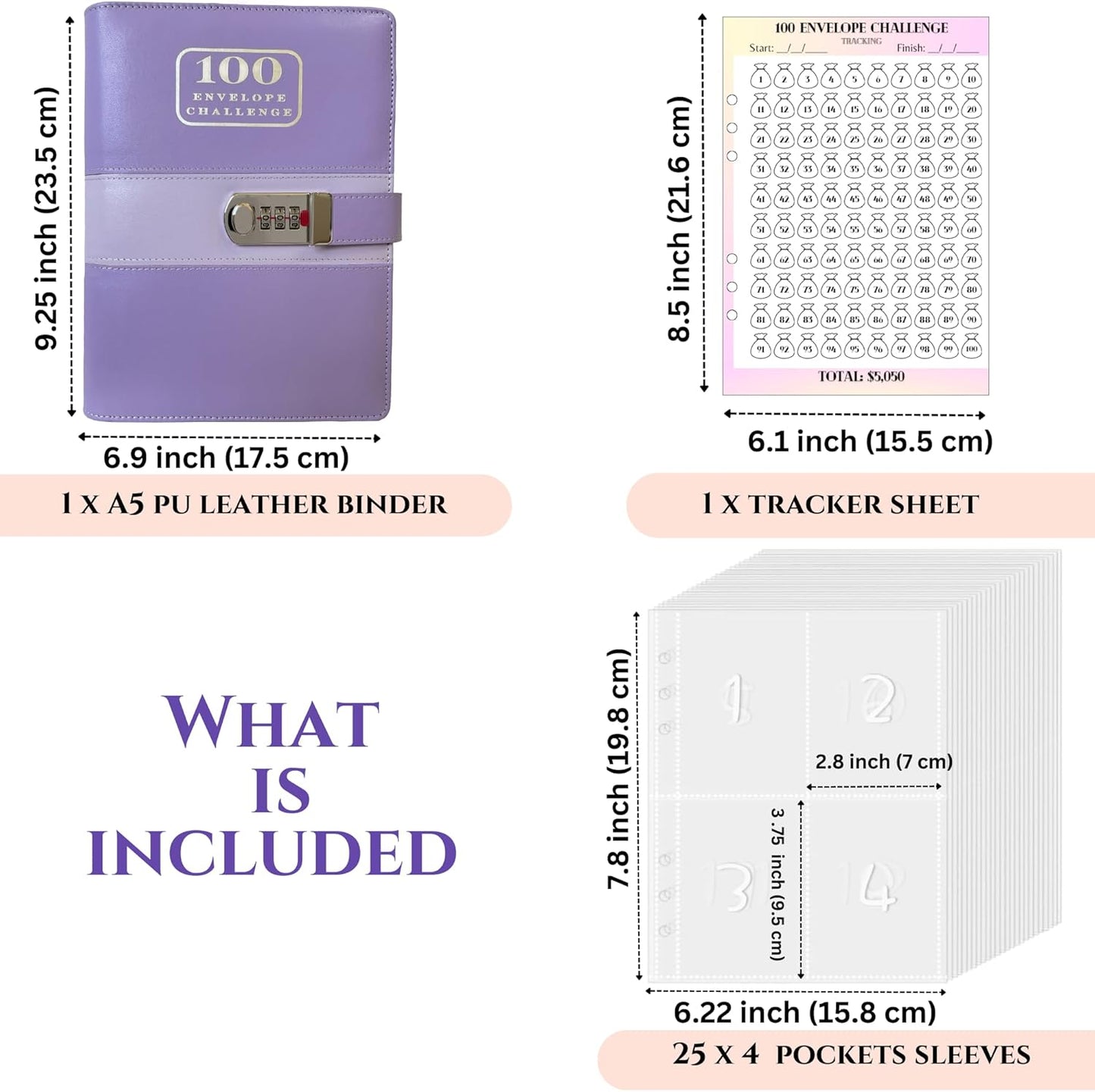 100 Envelopes Money Saving Challenge Binder with Code Lock, and Laminated Tracker, A5 Budget Binder with Cash Envelopes, Easy and Fun Way to save $5050 (Purple)