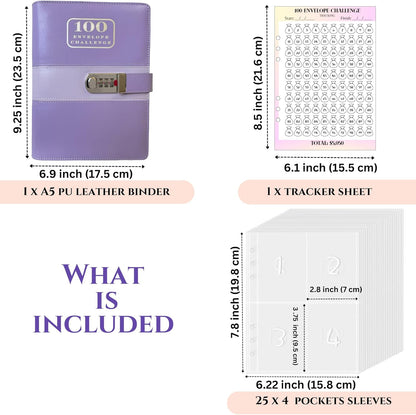 100 Envelopes Money Saving Challenge Binder with Code Lock, and Laminated Tracker, A5 Budget Binder with Cash Envelopes, Easy and Fun Way to save $5050 (Purple)