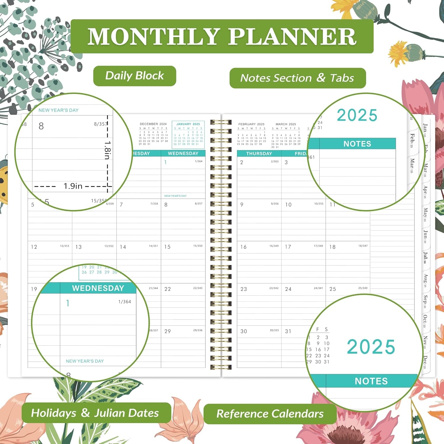 2025 Monthly Planner/Calendar - Jan 2025 - Dec 2025, 12 Monthly Planner 2025, 9’’ X 11'', 2025 Planner with Tabs, 2-Sided Pockets, Twin-Wire Biding, Holidays, Notes Pages, Julian Dates