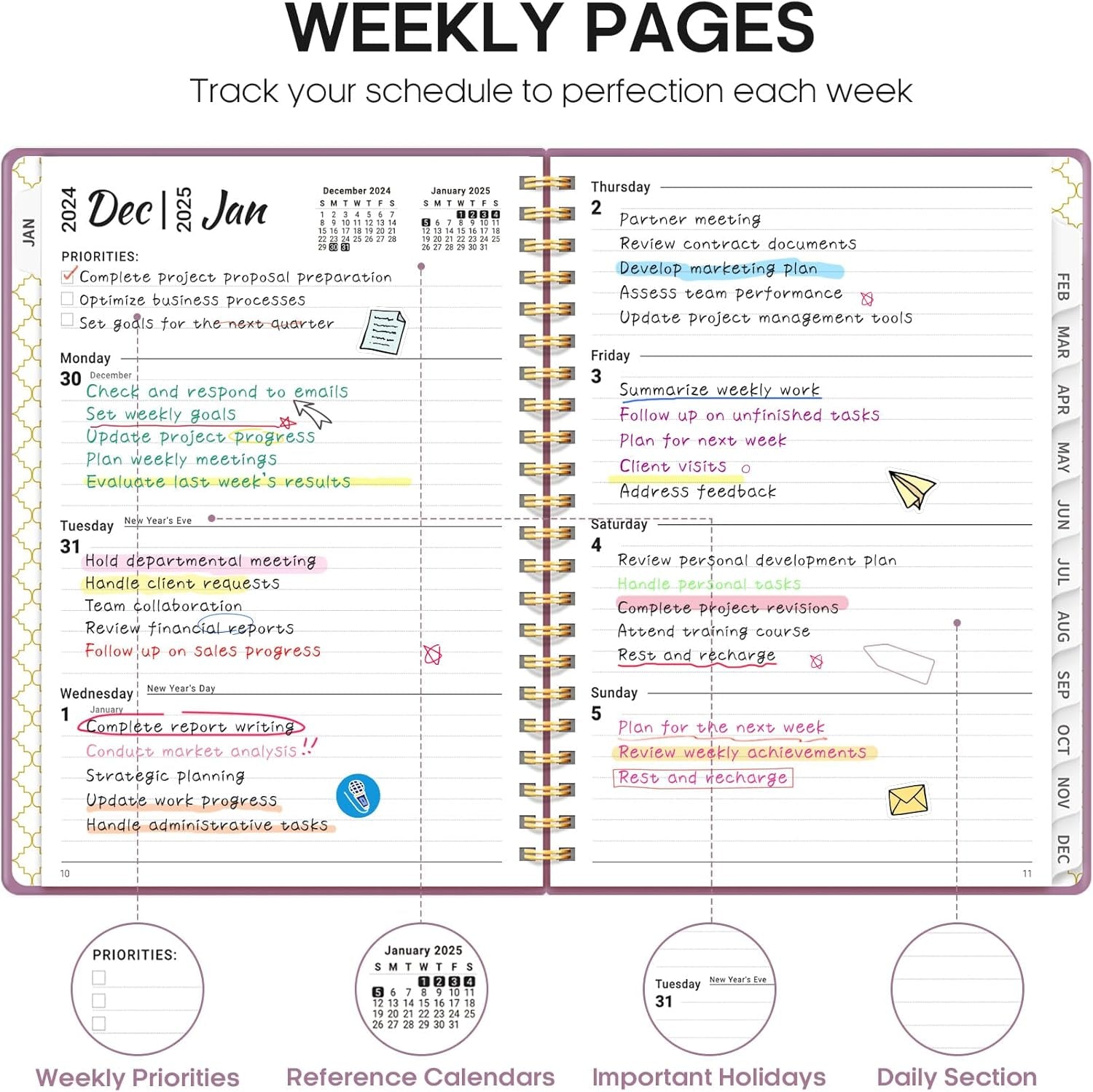 2025 Planner, Weekly and Monthly Planner Spiral Bound, Jan 2025 - Dec 2025, Hardcover 2025 Calendar Planner Book with Tabs, Inner Pocket, Perfect for Office Home School Supplies - A5 (6.3" X 8.5"), Purple