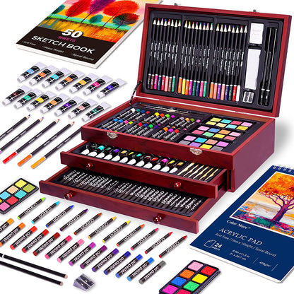 175 Piece Deluxe Art Set with 2 Drawing Pads, Acrylic Paints, Crayons, Colored Pencils Set in Wooden Case, Professional Art Kit, for Adults, Teens and Artist, Paint Supplies