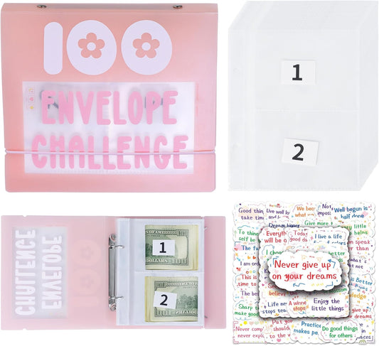 100 Envelopes Money Saving Challenge 100 Day Challenge Money Saving Binder Saving Money Challenge Book Envelope Challenge Binder with 50 Pcs Cute Stickers for Saving $5,050 (Pink)