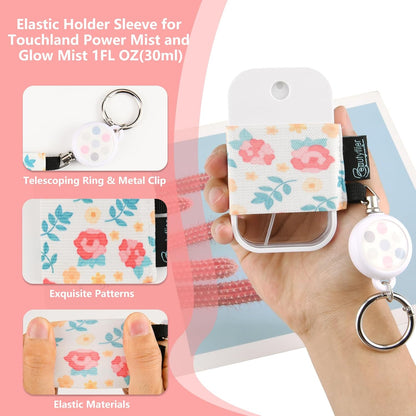 Pack of 4 Elastic Sleeve for Touchland Power Mist and Glow Mist 1FL OZ Hand Sanitizer Spray, Exquisite Patterns Holder Sleeve with Keychain, Perfectly for Travel (Sleeve Only)