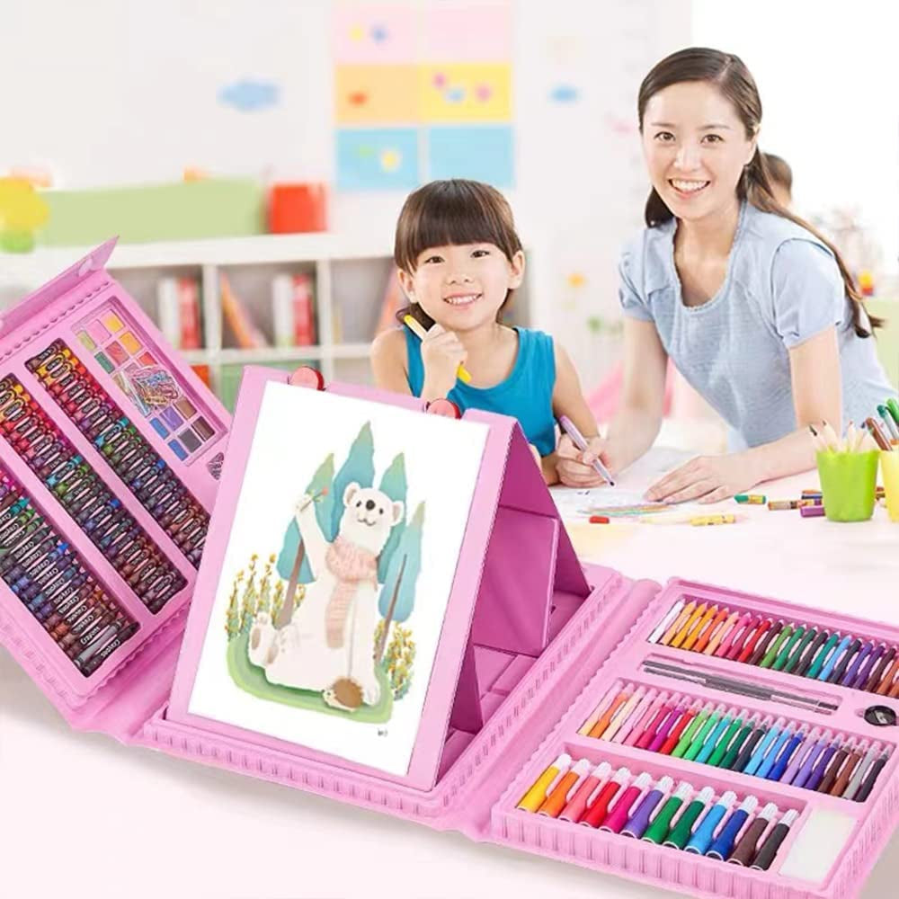 208 PCS Art Supplies, Drawing Art Kit for Kids Adults Art Set with Double Sided Trifold Easel, Oil Pastels, Crayons, Colored Pencils, Watercolor Pens Gift for Girls Boys Artist,Pink