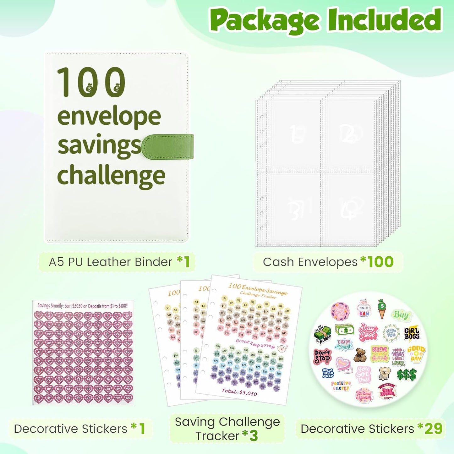 100 Envelopes Money Saving Challenge, 100 Envelope Challenge Binder, A5 Savings Challenges Book with Envelopes, Savings Challenges Budget Book Binder for Office,Home,School (Green)