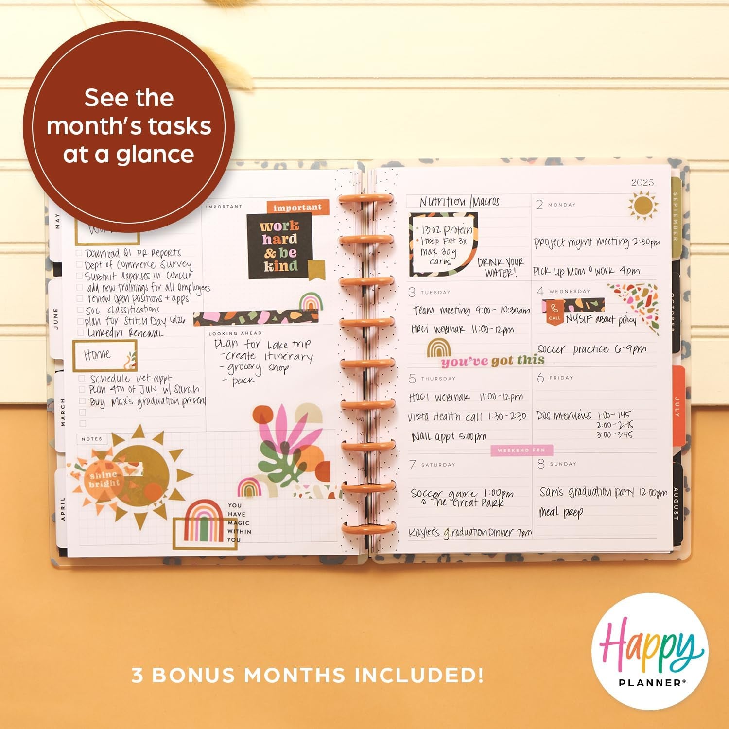 Happy Planner Disc-Bound 12-Month Planner, Jan.–Dec. 2025 Daily, Weekly, and Monthly Planner, Classic Size, Dashboard Layout, Wild Heart, 72 Pages, 12 Dividers, 2 Sticker Sheets, 7" X 9.25"