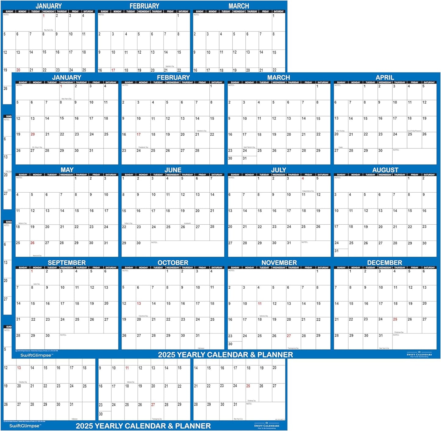 32" X 48" Swiftglimpse 2025 Wall Calendar Erasable Large XL Wet & Dry Erase Laminated 12 Month Annual Yearly Wall Planner, Reversible, Navy