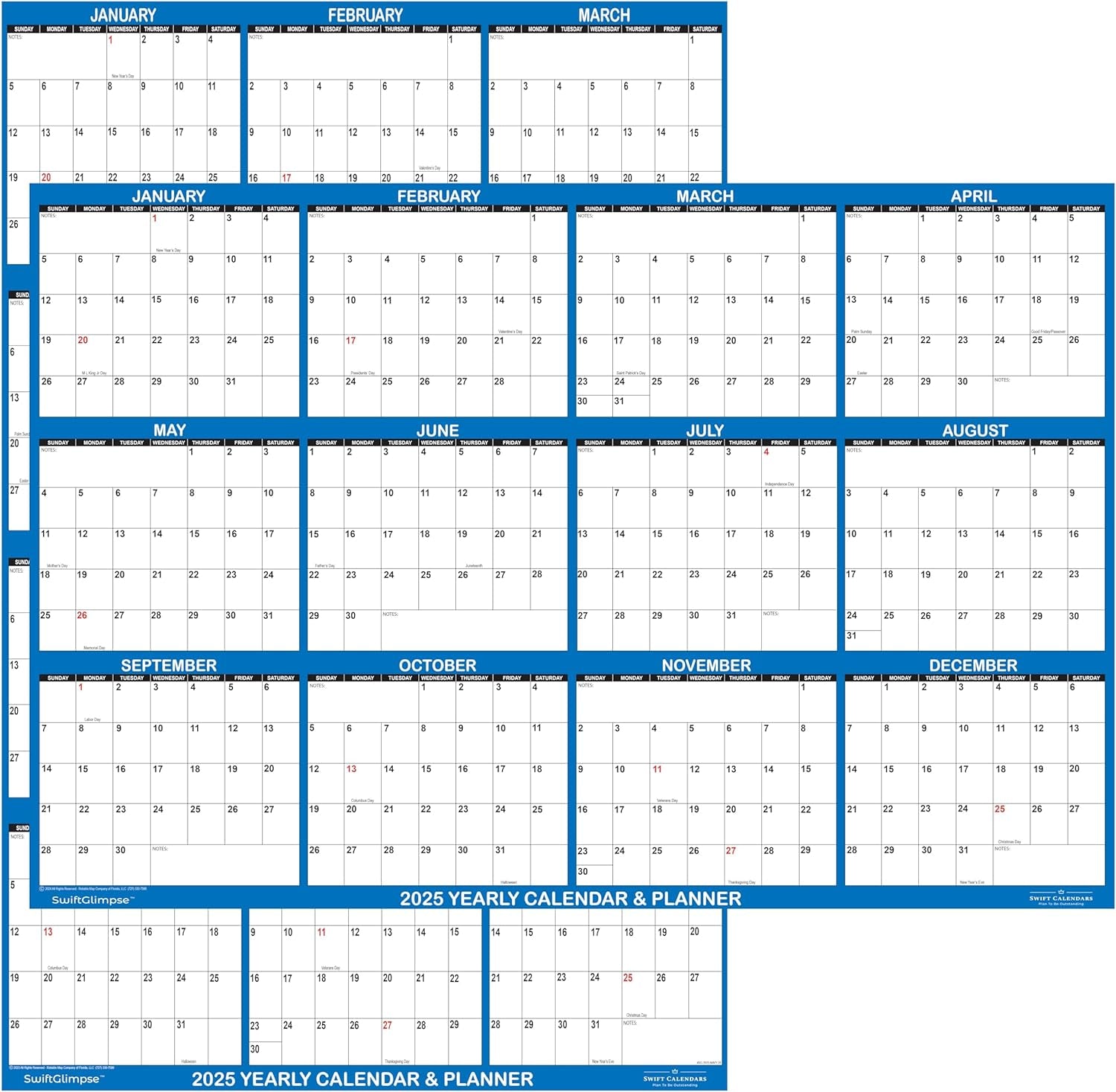 32" X 48" Swiftglimpse 2025 Wall Calendar Erasable Large XL Wet & Dry Erase Laminated 12 Month Annual Yearly Wall Planner, Reversible, Navy