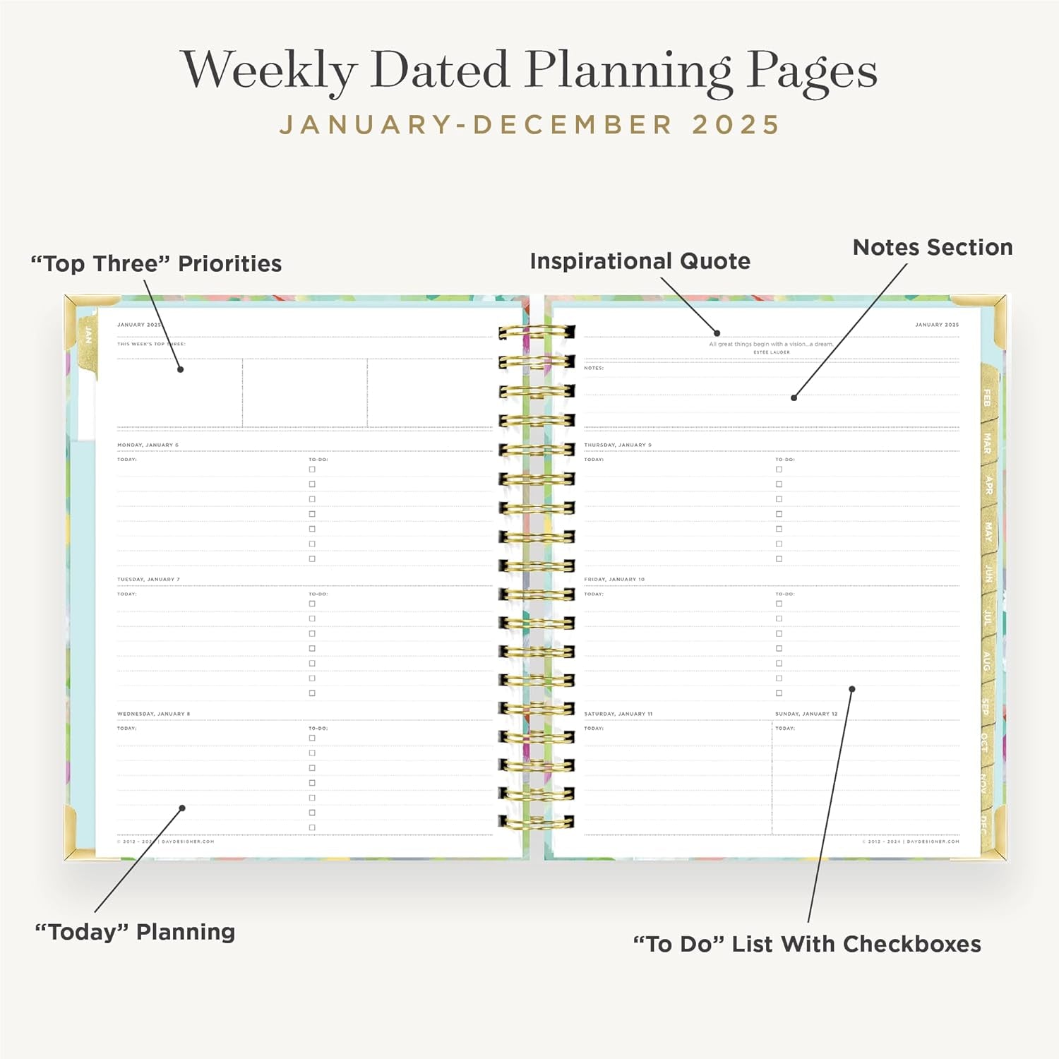 2025 Weekly Planner – Premium Planner for Stylish Organization. Combines Weekly & Monthly Calendars, Daily Schedule, Notes Pages, Goal Setting, Stickers, Pocket & More. Elegant Laminated Cover with Gold Accents (Monet Design)