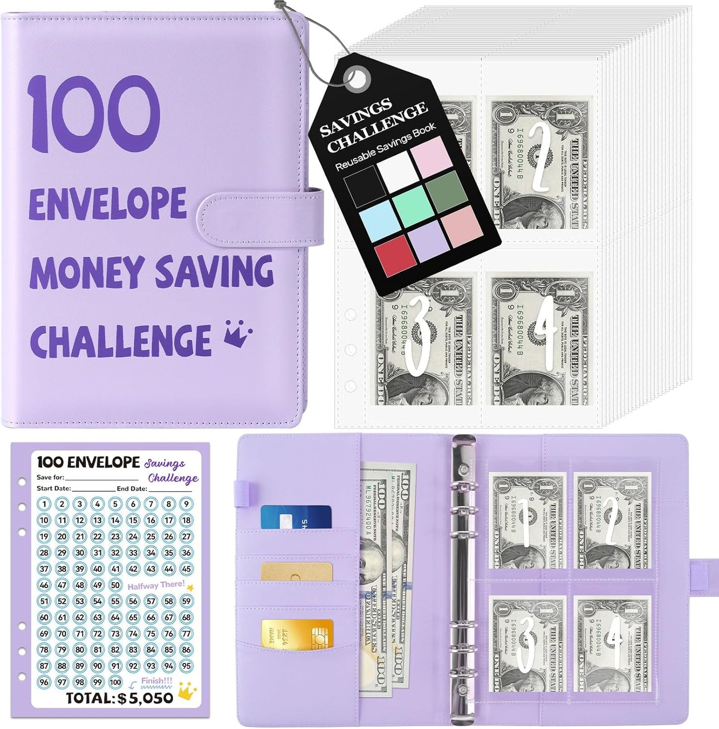 100 Envelopes Money Saving Challenge Binder, A5 Savings Challenges Book with Envelopes & Reusable Tracker, Savings Binder - save $5050 in Fun & Motivating Way, A5 Envelope Challenge Binder Kit