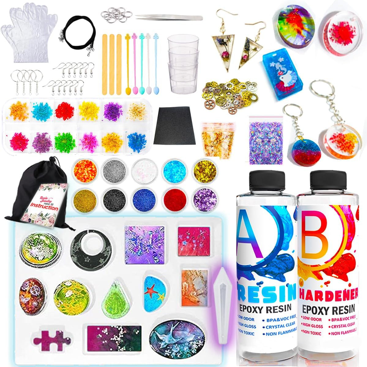 Resin Jewelry Making Starter Kit - Resin Kits for Beginners with Molds and Resin Jewelry Making Supplies - Silicone Casting Mold, Tools Set Clear Epoxy Resin for DIY Jewelry