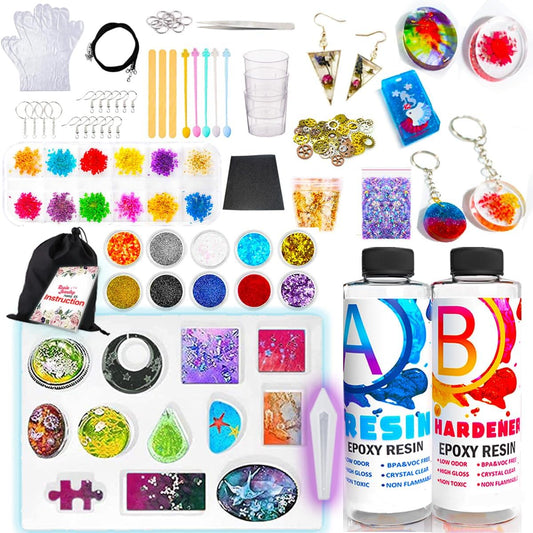 Resin Jewelry Making Starter Kit - Resin Kits for Beginners with Molds and Resin Jewelry Making Supplies - Silicone Casting Mold, Tools Set Clear Epoxy Resin for DIY Jewelry