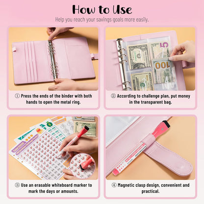 100 Envelopes Money Saving Challenge, A5 Savings Challenges Book Budget Binder with Cash Envelopes Erasable Tracker, Easy and Fun Way to save $500 $5050 $10000 (Pink)