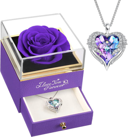 Preserved Real Purple Rose with Angle Wings Necklace, Anniversary Birthday Gifts for Women, Wife Girlfriend Mom Gift Ideas for Christmas Mother'S Day Valentine'S Day, I Love You Gifts for Her