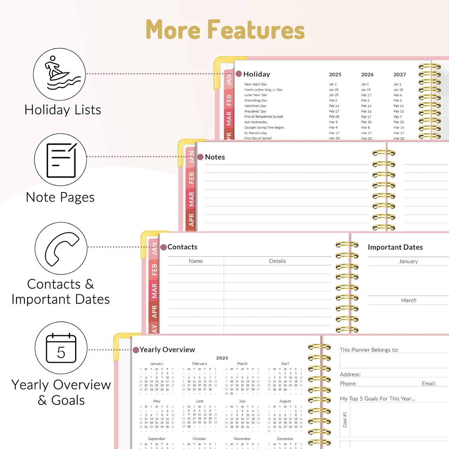 2025 Planner, Hardcover Weekly and Monthly Planner, January 2025 - December 2025, 6" X 8", Spiral Calendar Planner with Tabs, Exquisite Daily Organizer Notebook with Inner Pocket, Agenda Journal for Office Home School, A5 Size, Pink