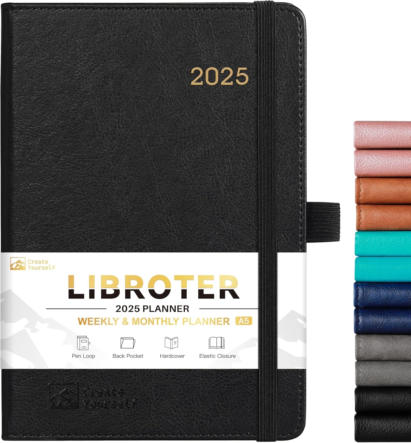 2025 Planner - Planner 2025, 2025 Planner Weekly and Monthly, Jan. 2025 - Dec. 2025, 5.7'' X 8.4'', Thick Paper, Leather Cover, Pen Holder, Back Pocket, Perfect Daily Organizer - Black