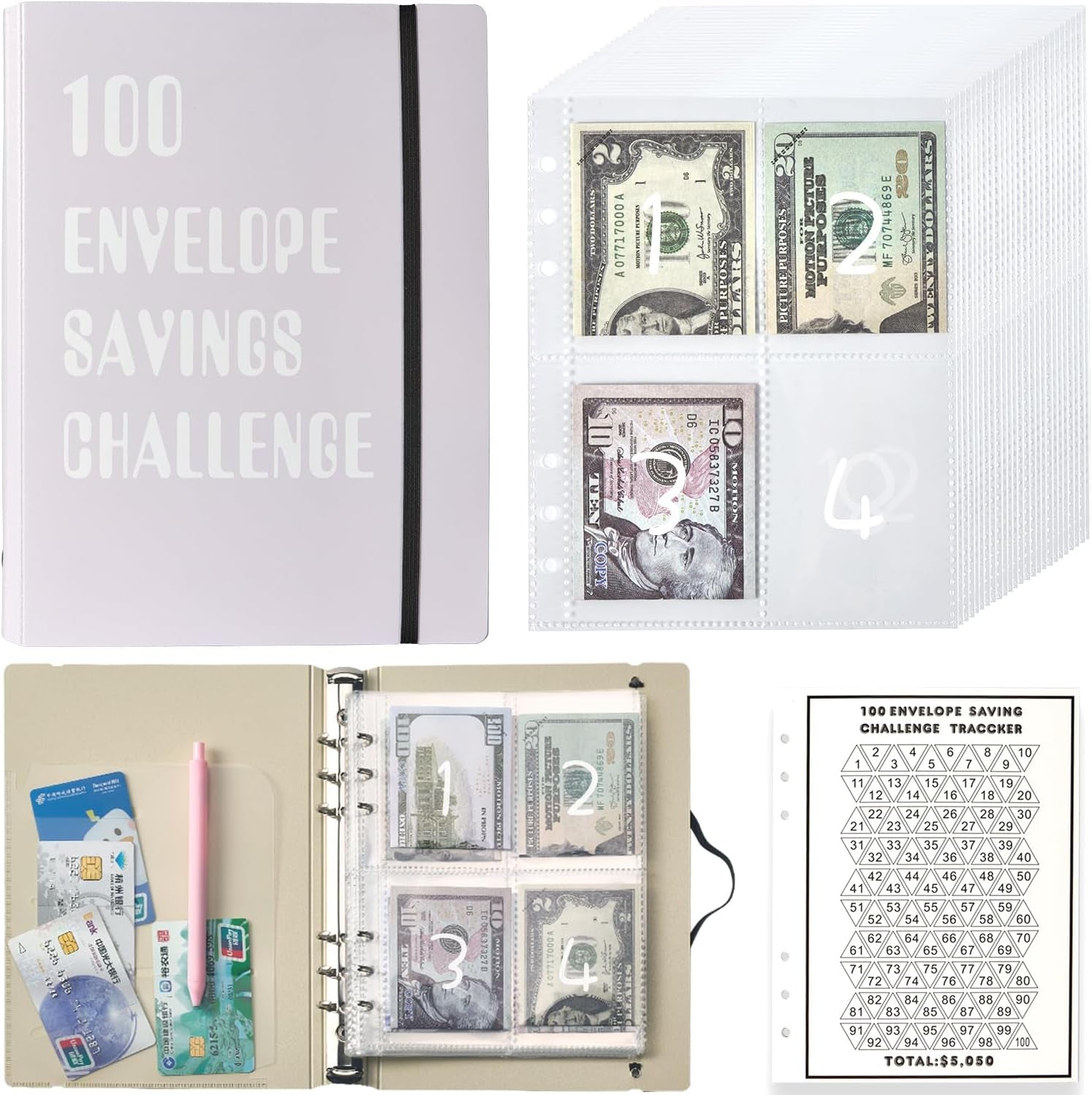 100 Envelopes Money Saving Challenge Binder with Pre-Printed Numbers with 1-100, A5 Money Saving Binder with Envelopes for Cash and Card, and Budget Planner to save $5,050 (Macaron Purple)