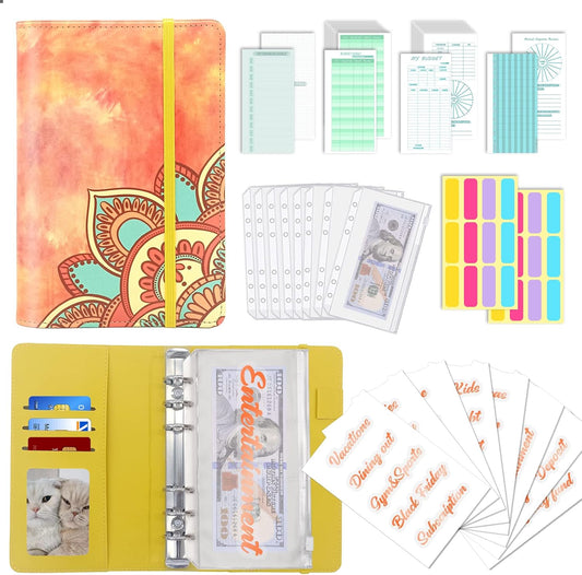 A6 Budget Binder with Zipper Envelopes, Money Bill Organizer for Cash, Money Planner with Cash Envelopes for Budgeting, Money Saving Binder(Orange Mandala)