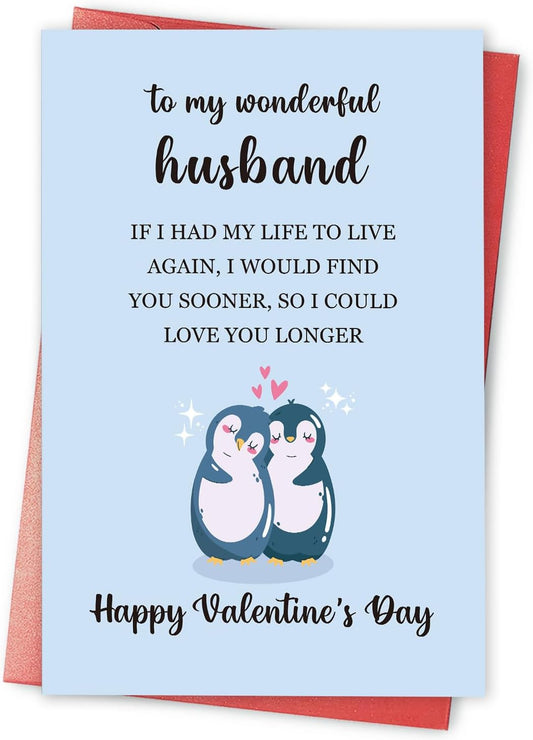 Romantic Valentines Day Card for Husband, Penguin Valentines Day Card for Him, Happy Valentines Day Gift from Wife, to My Wonderful Husband