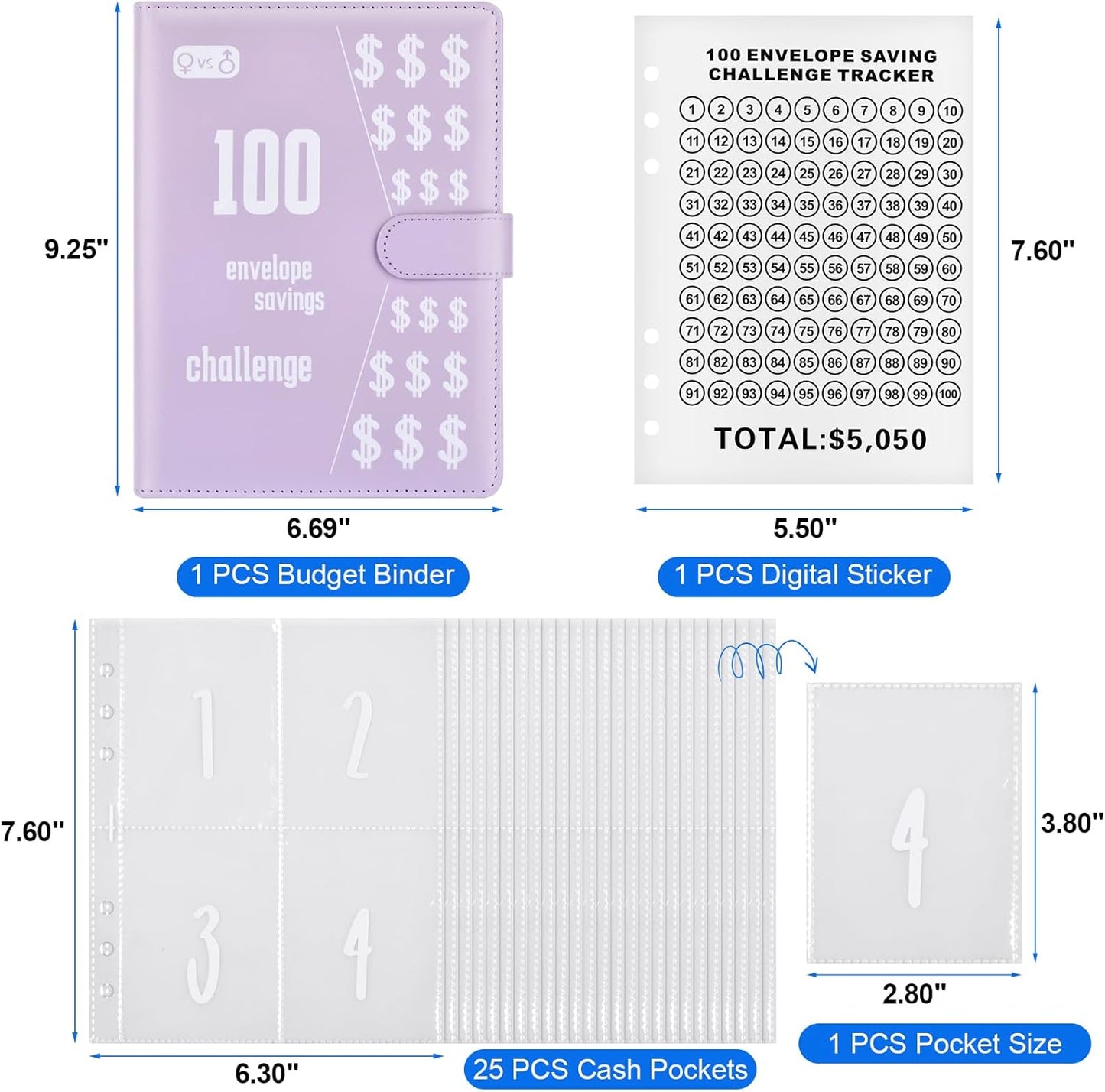 2Pack 100 Envelopes Money Saving Challenge, Money Saving Binder, Savings Challenges Book with Envelopes, Cash Envelope Budget Binder Savings Book, 100 Day Savings $5050 Challenge Binder