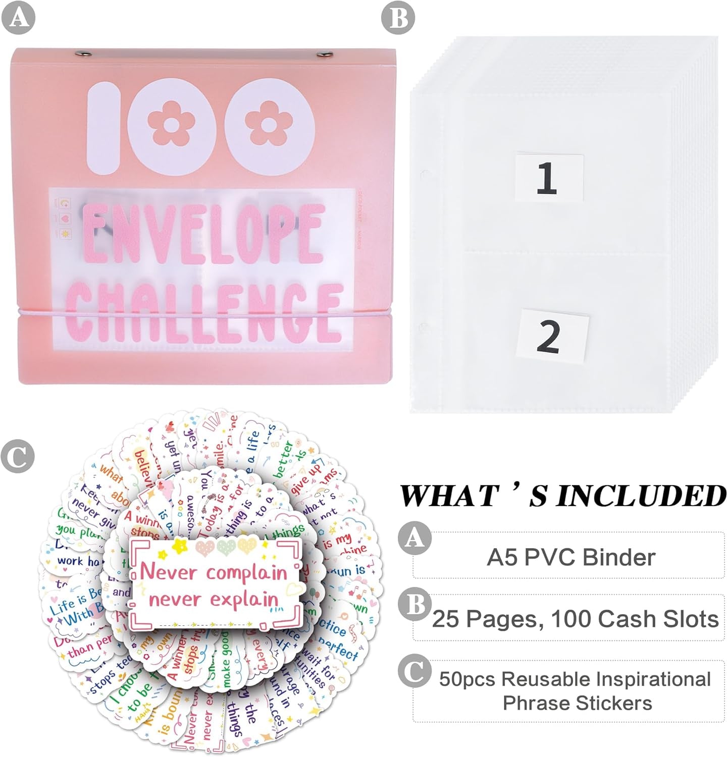 100 Envelopes Money Saving Challenge 100 Day Challenge Money Saving Binder Saving Money Challenge Book Envelope Challenge Binder with 50 Pcs Cute Stickers for Saving $5,050 (Pink)