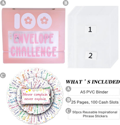 100 Envelopes Money Saving Challenge 100 Day Challenge Money Saving Binder Saving Money Challenge Book Envelope Challenge Binder with 50 Pcs Cute Stickers for Saving $5,050 (Pink)