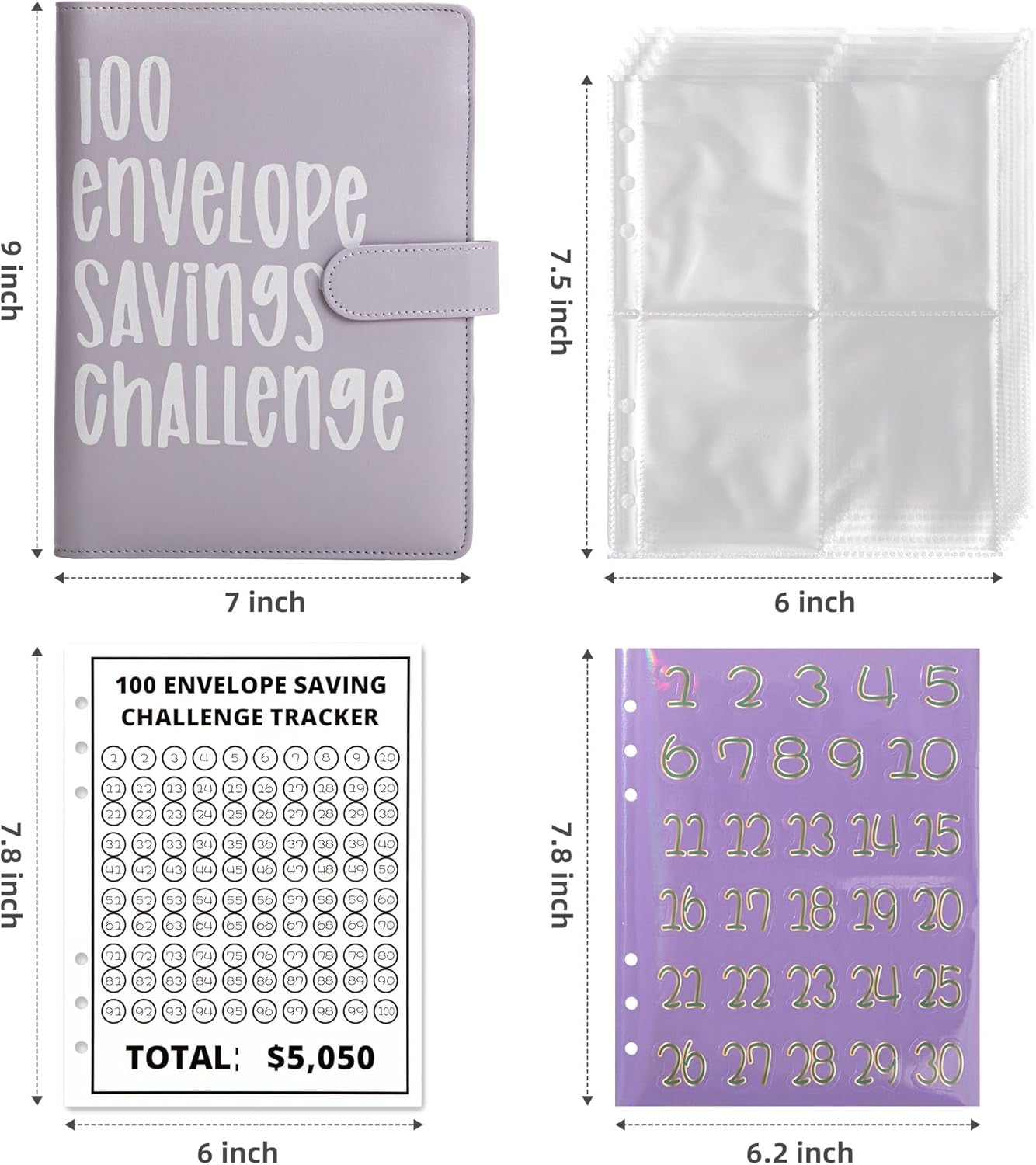 100 Envelopes Money Saving Challenge, Budget Binder with Cash Envelopes Easy and Fun Way to save $5050, Savings Challenges Book with Envelopes for Office,Home,School, Purple