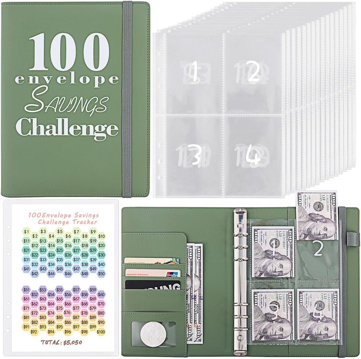 100 Envelope Money Saving Challenge Binder, Reusable A5 Money Budget Binder with Cash Envelopes, Funny Way Challenges Book to save $5,050 (Army Green)