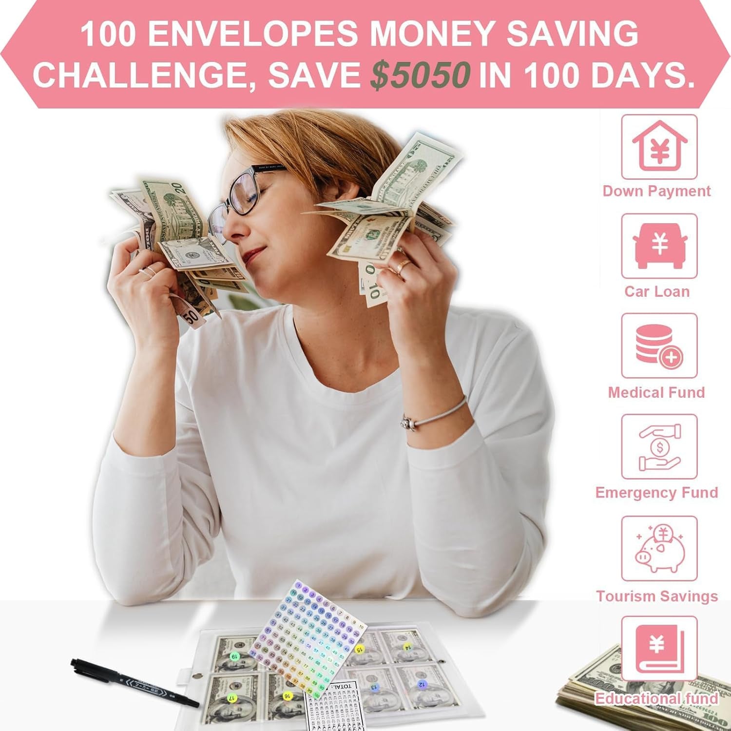 100 Envelopes Money Saving Challenge Binder, 2024 New & Shiny Budget Binder Saving Challenge Book, 100 Day Savings Challenge Binder with Cash Envelopes, Easy & Funny Way to save $5,050 Budget Planner