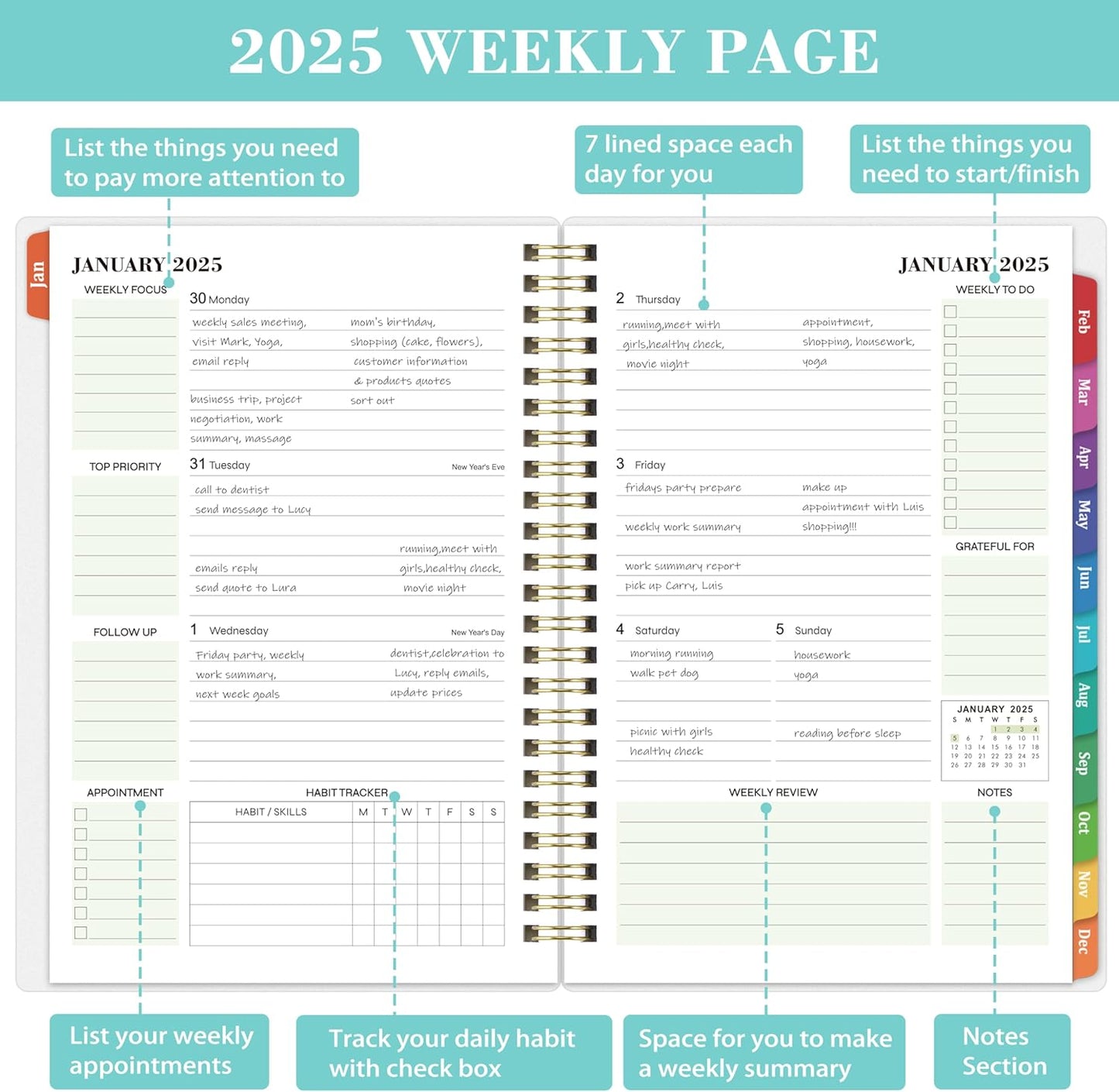 2025 Planner - 2025 Planner Daily Weekly Monthly, Jan 2025 to Dec 2025, 6.4'' X 8.5'', Calendar 2025 Planner with Transparent PP Cover, Green Ink Pages, Colorful Monthly Tabs, Back Pocket