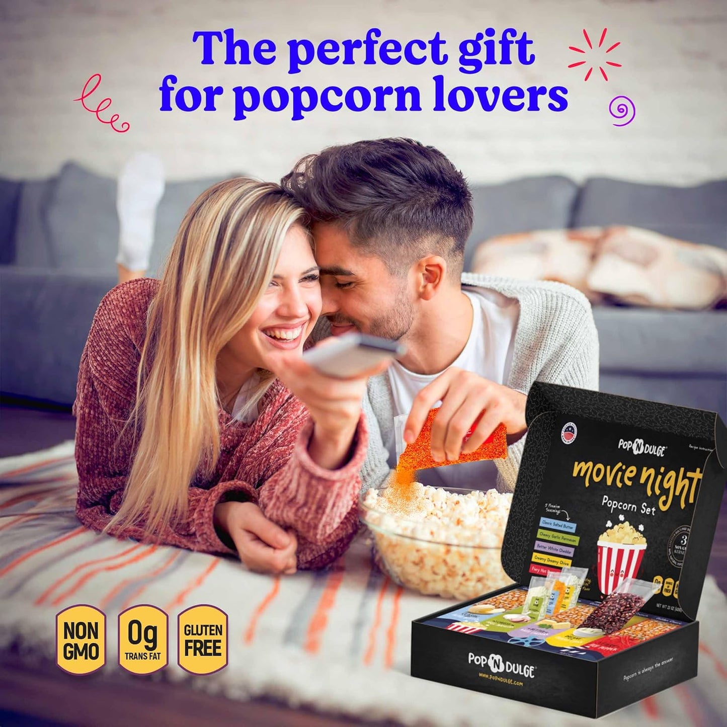 Popcorn Movie Night Supplies Popcorn Kernels Popcorn Seasoning 16 Pack, 5 Gourmet Popcorn Kernels, 5 Popcorn Seasoning Variety Packs Non-Gmo Snacks, Includes 6 Bags, Gift Basket Idea