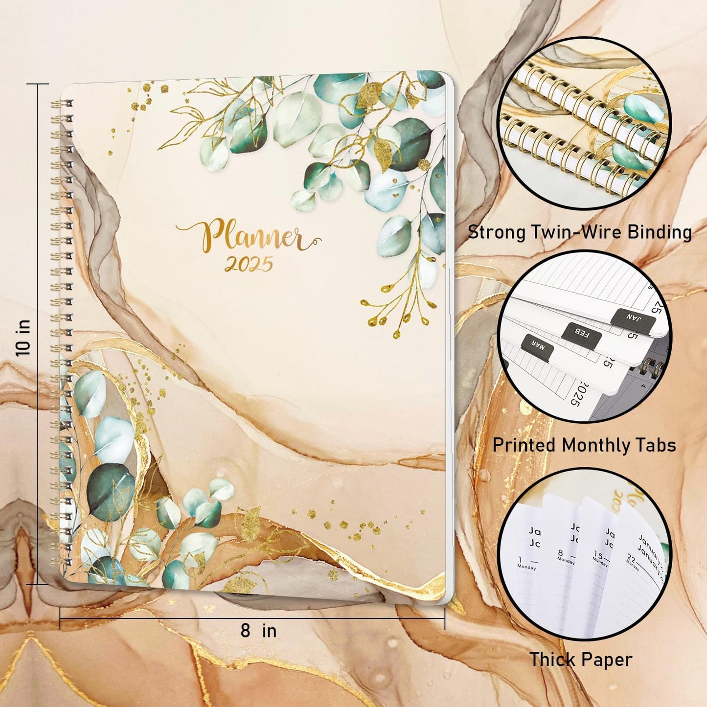 2025 Planner - Planner 2025, Jan 2025 - Dec 2025, 2025 Planner Weekly and Monthly, 8'' X 10'', Printed Monthly Tabs, Holidays, Twin-Wire Binding, Thick Paper, Check Boxes, Flexible Cover