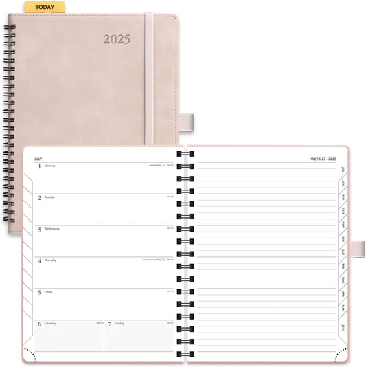 2025 Planner Weekly Notebook [Medium Size 8.5''X 6.5''] - Agenda 2025 Appointment Book with Monthly Tabs, Spiral Soft Cover Calendar, Inner Pocket, 100 GSM - Soft Pink