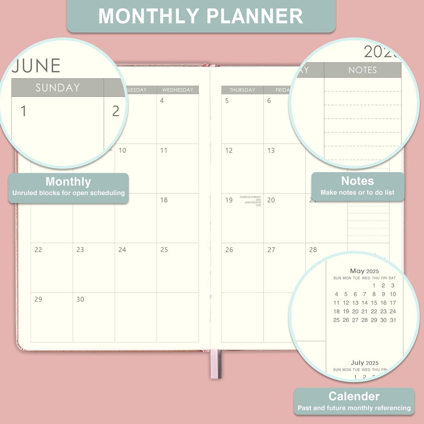 2025 Planner - Planner 2025 Weekly and Monthly with Stickers, 5.7" X 8.2", Jan 2025 - Dec 2025, 2025 Calendar Planner, Pen Holder, Inner Pocket, 44 Notes Pages - Rose Gold