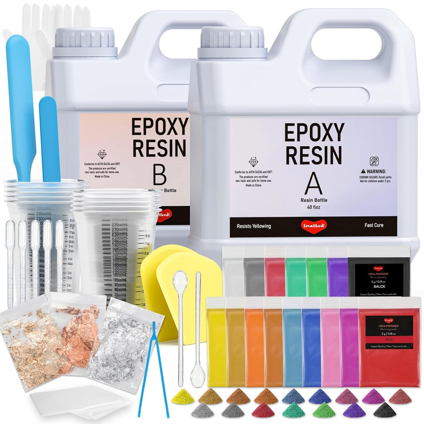 80 Oz Epoxy Resin Kit with 16 Colors Mica Powder, Gold Foil, Cups & Stick, Crystal Clear Resin Beginner Supplies for Coating Casting Table, Molds, Jewelry Making, DIY Art Craft, 1:1 Ratio