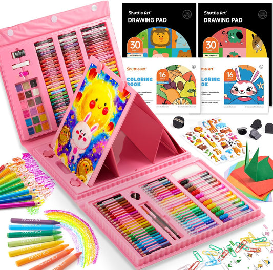 335 Piece Kids Art Set, Multi-Media Art Supplies, Gift Art Kit with Trifold Easel, 2 Drawing Pads, 2 Coloring Books, Oil Pastels, Crayons, Watercolors, Markers, Colored Pencils (Pink)