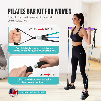 Upgraded Pilates Bar Kit – 39” Adjustable Exercise Equipment for Men, Women with 6X 20, 30, 40 Lbs Resistance Bands with Adjustment Buckle – Pilates Equipment for Home Workouts for All Fitness Levels