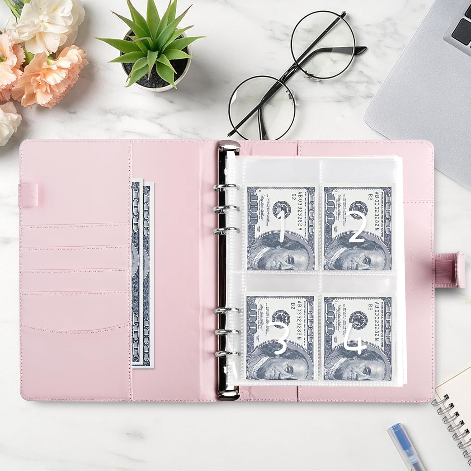 Money Saver Budget Binder Book with Pouches, 100 Envelope Challenge Binder with Numbers, A5 Money Budget Envelopes for Cash Saving $5,050 Pink