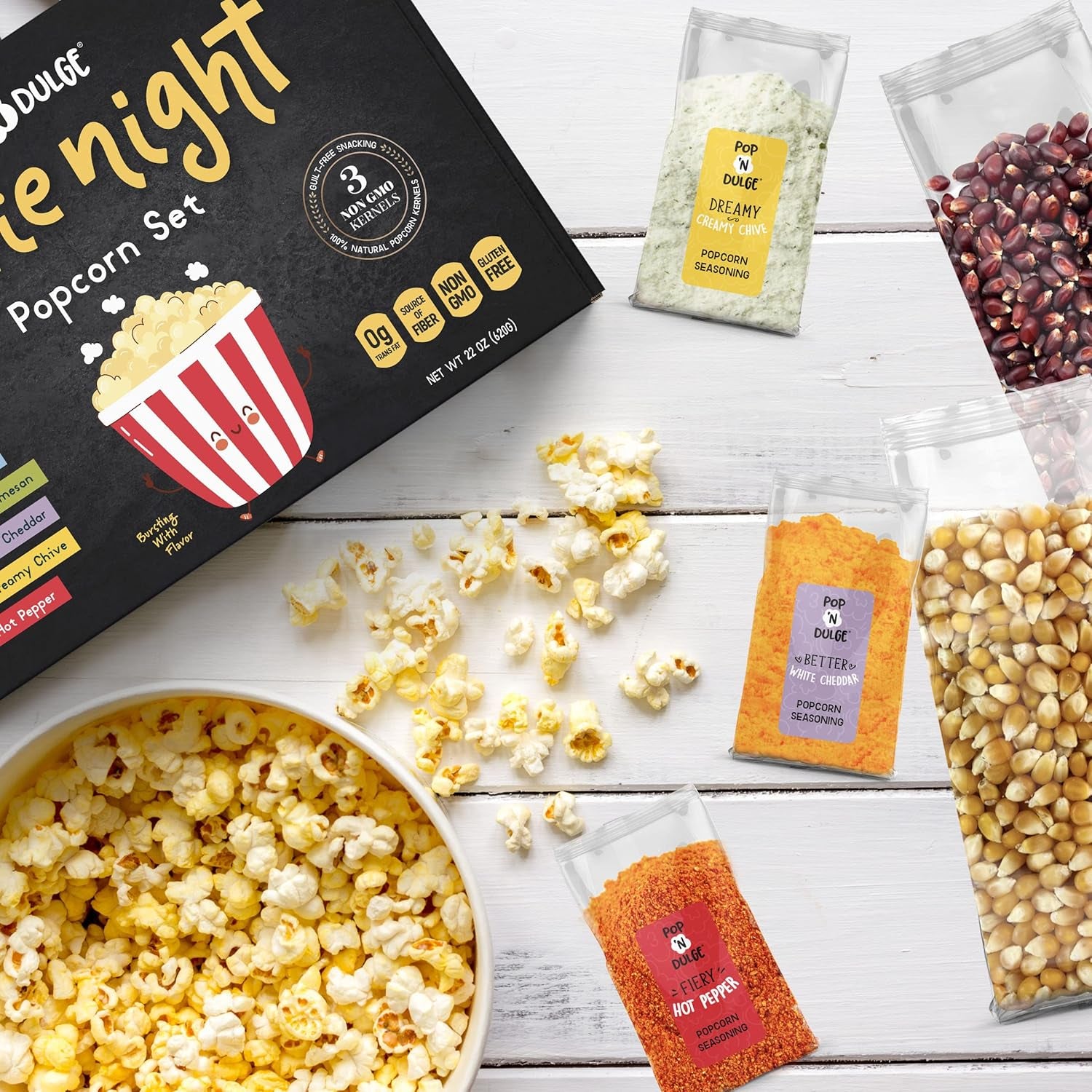 Popcorn Movie Night Supplies Popcorn Kernels Popcorn Seasoning 16 Pack, 5 Gourmet Popcorn Kernels, 5 Popcorn Seasoning Variety Packs Non-Gmo Snacks, Includes 6 Bags, Gift Basket Idea