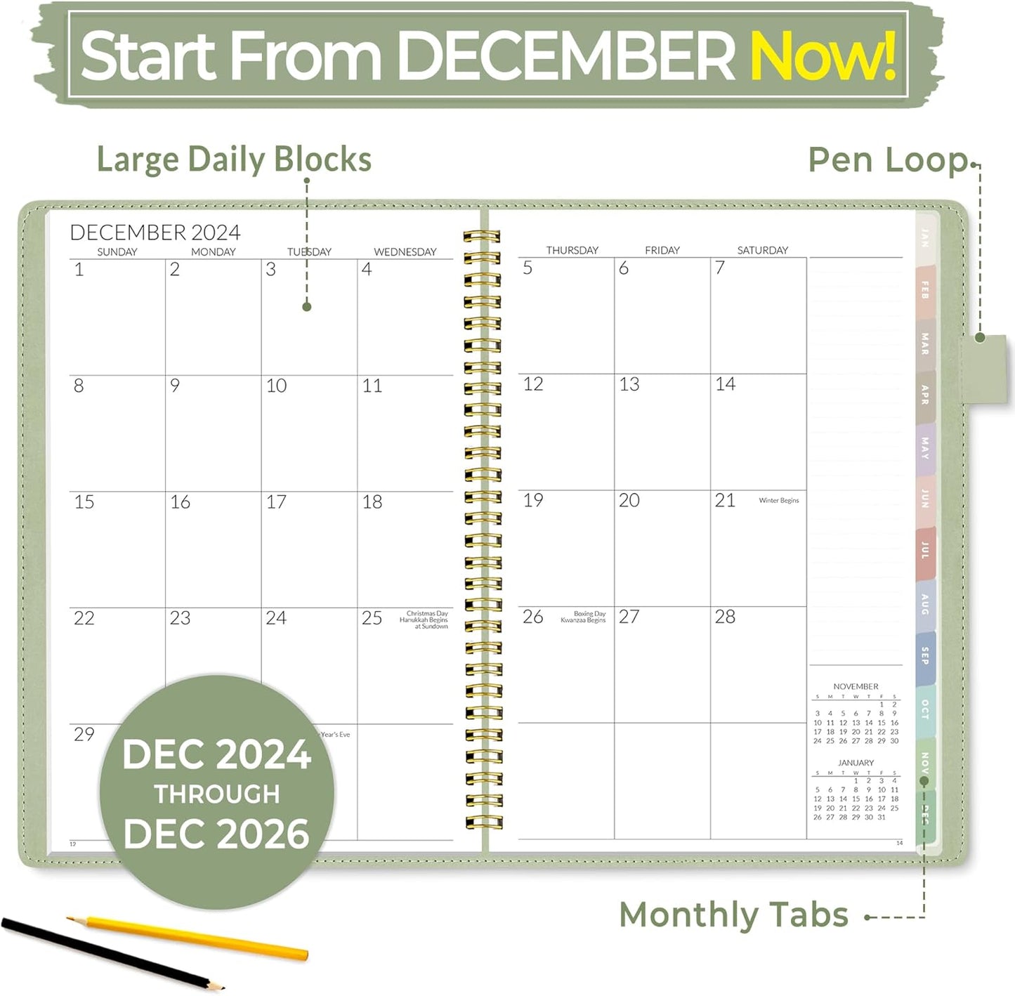 2025-2026 Monthly Planner 7.3"X10.1" - 2-Year (Jan 2025 - Dec 2026), Vegan Leather Cover Monthly Planner Year Calendar, Sage Green