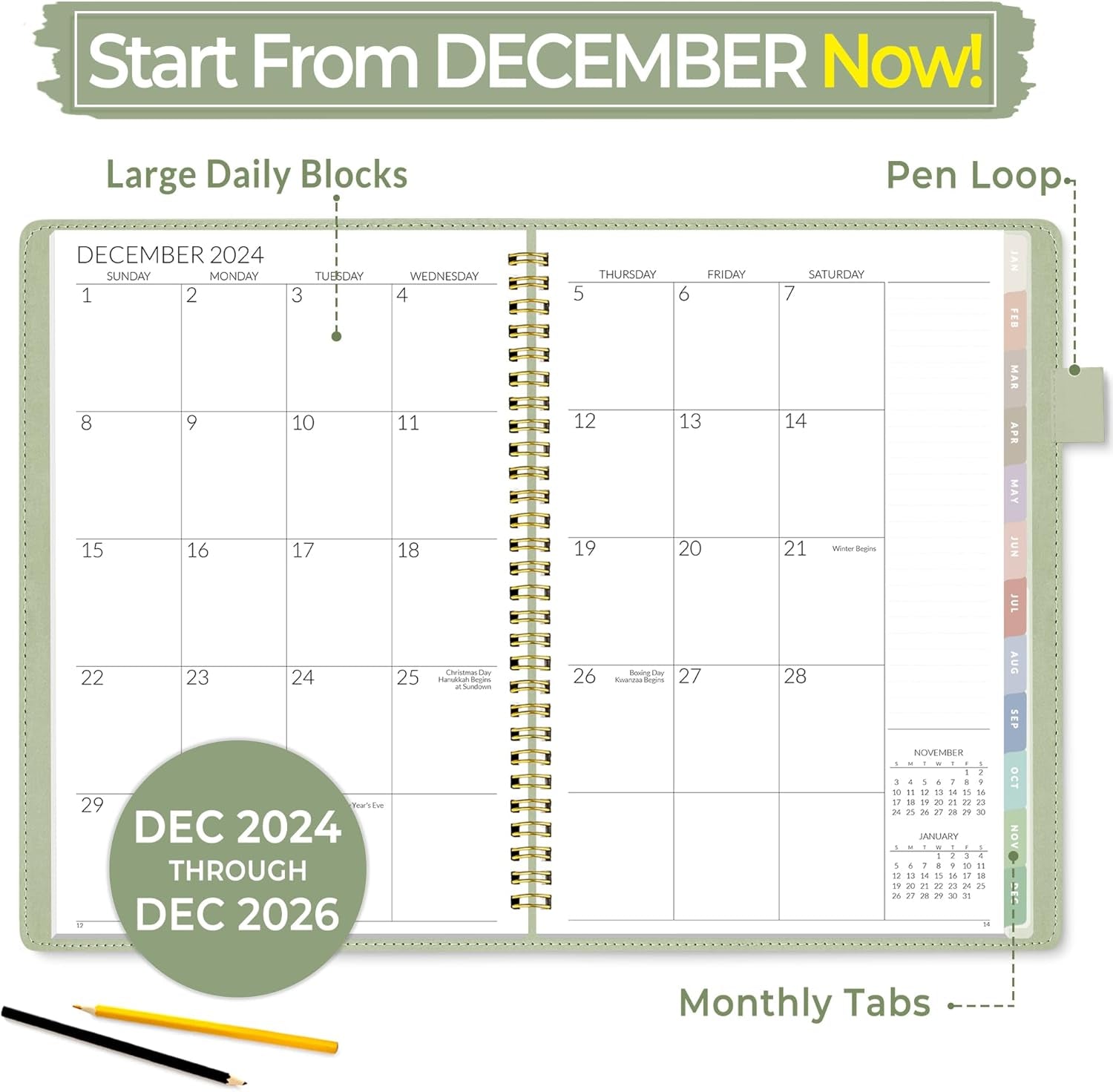 2025-2026 Monthly Planner 7.3"X10.1" - 2-Year (Jan 2025 - Dec 2026), Vegan Leather Cover Monthly Planner Year Calendar, Sage Green