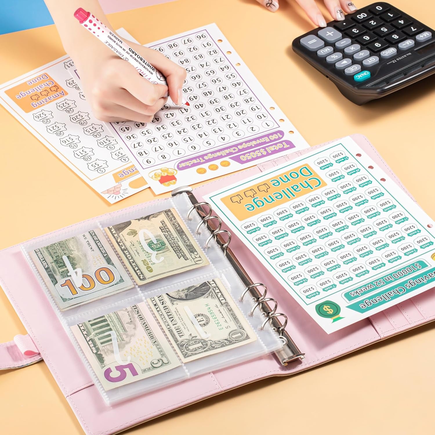 100 Envelopes Money Saving Challenge, A5 Savings Challenges Book Budget Binder with Cash Envelopes Erasable Tracker, Easy and Fun Way to save $500 $5050 $10000 (Pink)