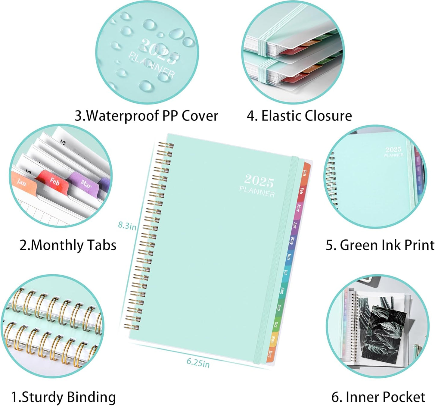 2025 Planner - 2025 Planner Daily Weekly Monthly, Jan 2025 to Dec 2025, 6.4'' X 8.5'', Calendar 2025 Planner with Transparent PP Cover, Green Ink Pages, Colorful Monthly Tabs, Back Pocket