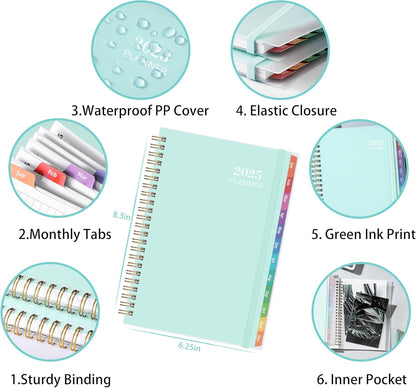 2025 Planner - 2025 Planner Daily Weekly Monthly, Jan 2025 to Dec 2025, 6.4'' X 8.5'', Calendar 2025 Planner with Transparent PP Cover, Green Ink Pages, Colorful Monthly Tabs, Back Pocket