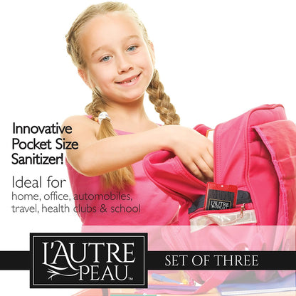 Antibacterial Travel Hand Sanitizer Spray with Aloe Vera by L’AUTRE PEAU - Unique Flat Credit Card Shape - Citrus Scented Mini Sparkle Pocket Size (3 Pack - 20ML, Sparkle Black,Red,Blue)