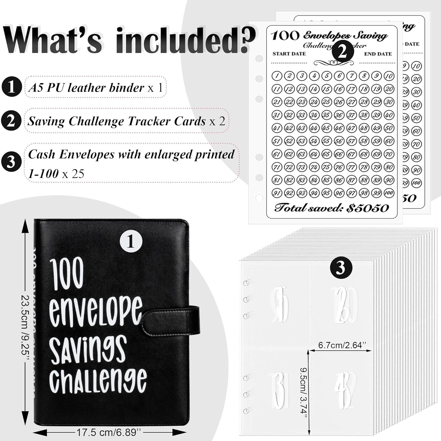 100 Envelopes Money Saving Challenge Binder, Easy and Fun Way to save $5,050, A5 Budget Book with Cash Envelopes Kit,Black,White