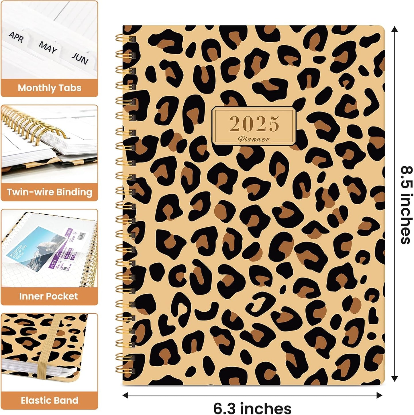 2025 Planner Weekly and Monthly, Jan 2025 - Dec 2025, Hardcover 2025 Calendar Planner Book with Monthly Tabs, Inner Pocket, Aesthetic Planner 2025 for Office Home School Planning - A5 (6.3" X 8.5"), Spiral Bound, Leopard